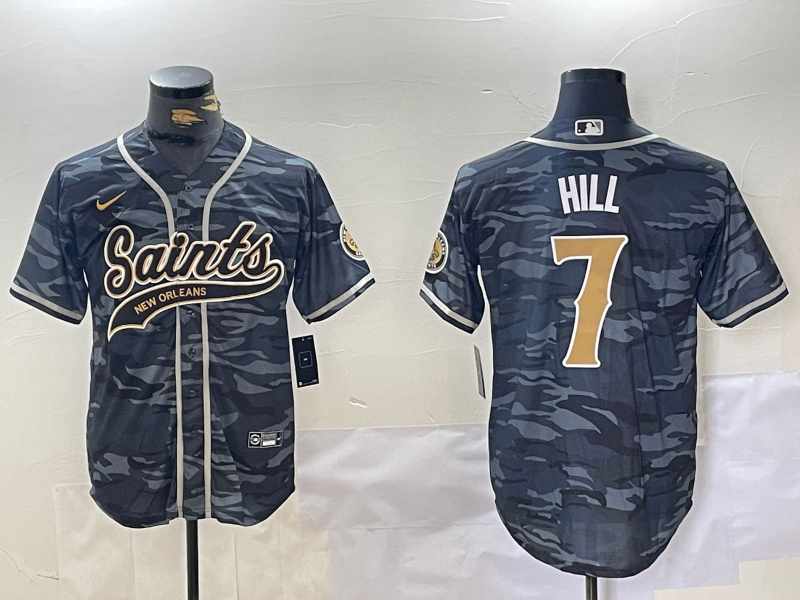 Men's New Orleans Saints #7 Taysom Hill Grey Camo With Patch Cool Base Stitched Baseball Jersey Men's New Orleans Saints #7 Taysom Hill Grey Camo With Patch Cool Base Stitched Baseball Jersey